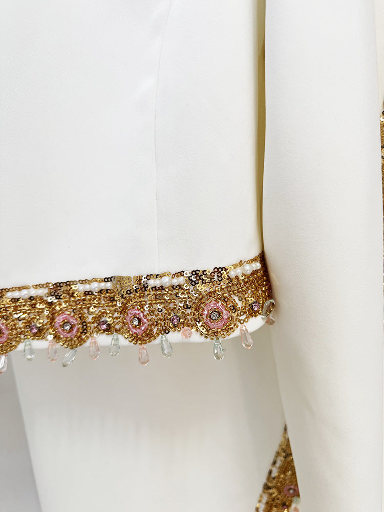 High Neck Long Sleeve Gold Floral Beaded Two Piece Maxi Skirt Set