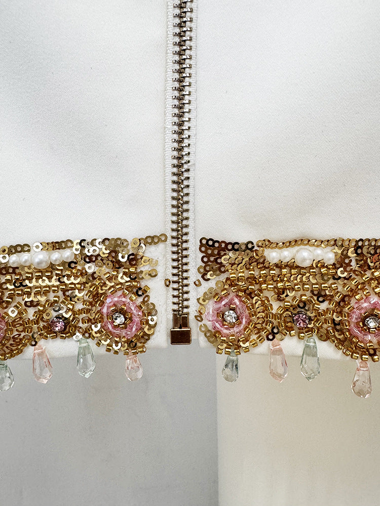 High Neck Long Sleeve Gold Floral Beaded Two Piece Maxi Skirt Set