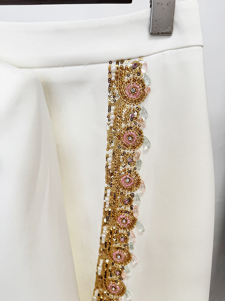 High Neck Long Sleeve Gold Floral Beaded Two Piece Maxi Skirt Set