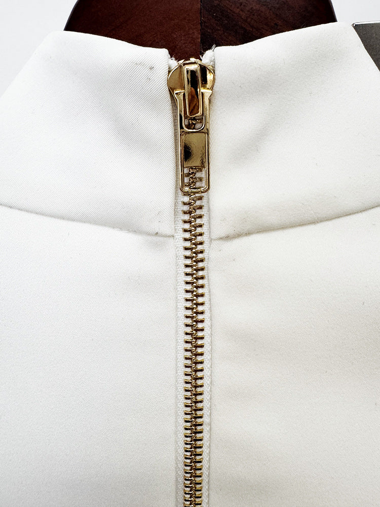 High Neck Long Sleeve Gold Floral Beaded Two Piece Maxi Skirt Set