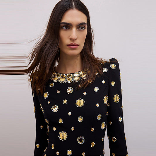 Womens Clothing Factory Luxury Women Stylish Black Party Dress Long Sleeve Gold Circular Sequin Beaded Evening Dresses Gown