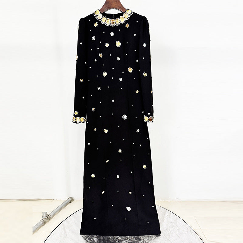 Womens Clothing Factory Luxury Women Stylish Black Party Dress Long Sleeve Gold Circular Sequin Beaded Evening Dresses Gown