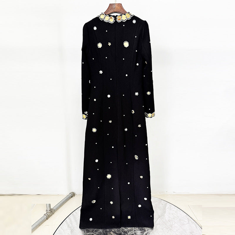 Womens Clothing Factory Luxury Women Stylish Black Party Dress Long Sleeve Gold Circular Sequin Beaded Evening Dresses Gown
