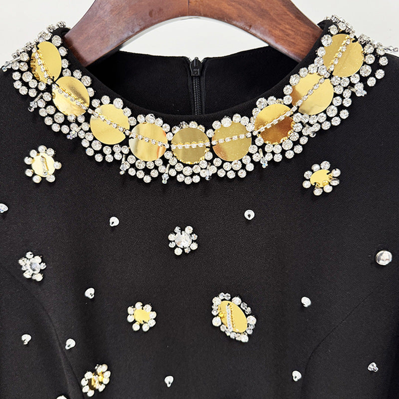 Womens Clothing Factory Luxury Women Stylish Black Party Dress Long Sleeve Gold Circular Sequin Beaded Evening Dresses Gown