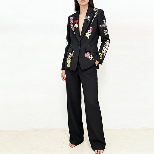 Elegant Black Single Breasted Blazer Wide Leg Pants Office Formal Set Floral Embroidery Women Two Piece Blazer Suit for Women