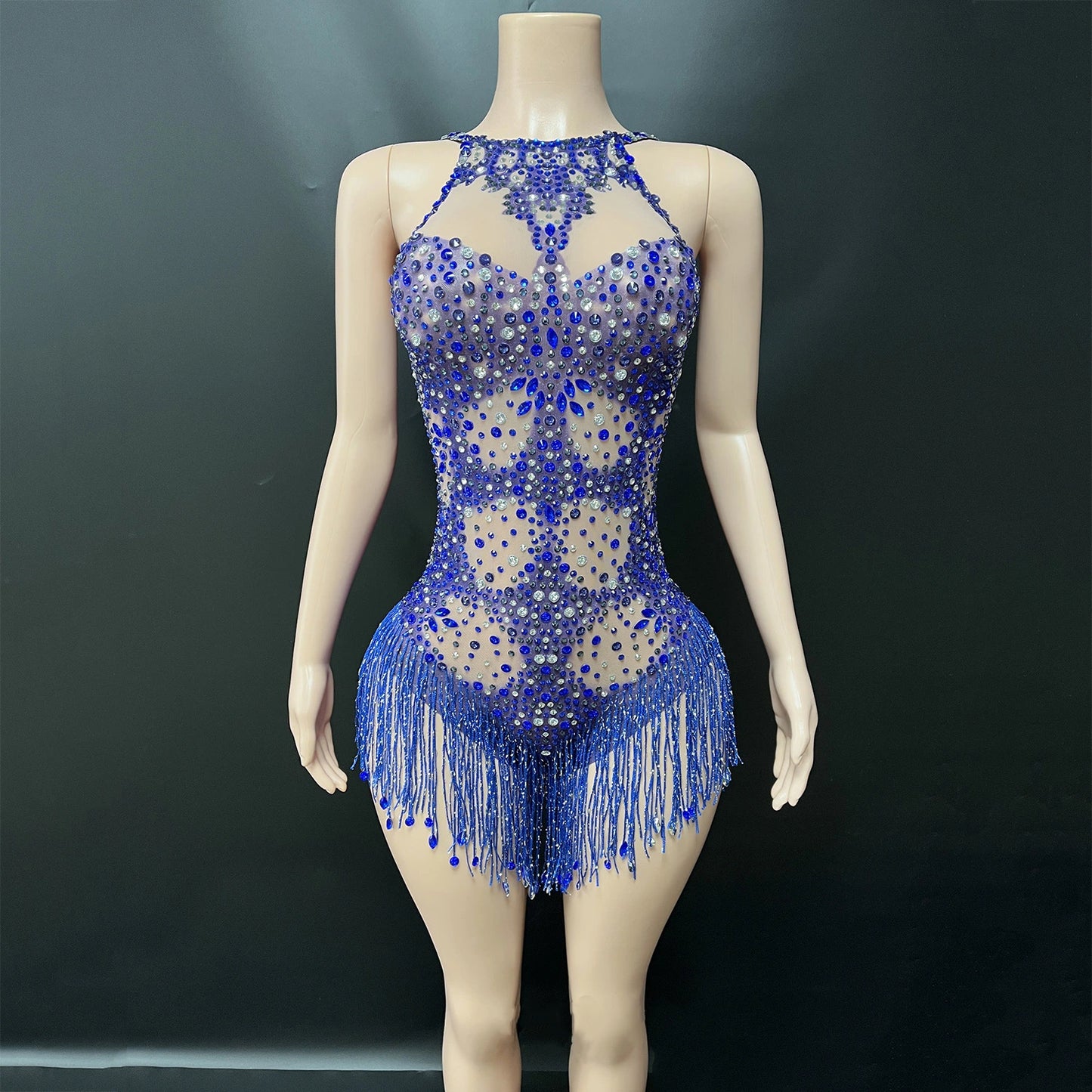 Sexy Blue Rhinestone Tassel Dance Wear