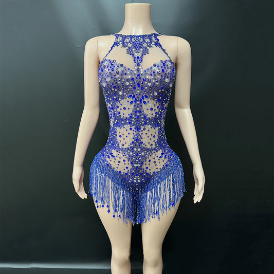 Sexy Blue Rhinestone Tassel Dance Wear
