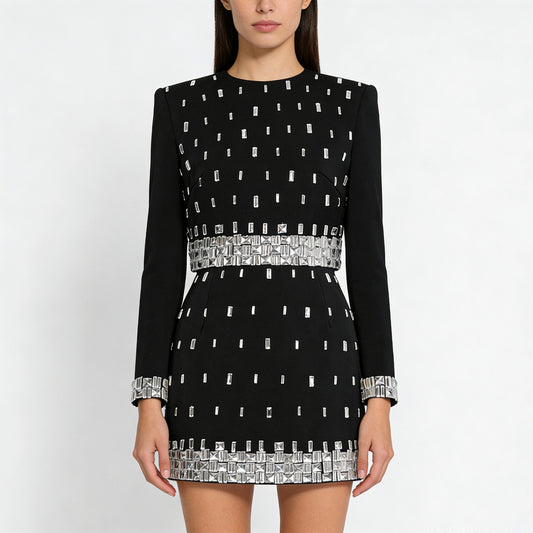 Luxury Crystal Women Two Piece Set Elegant Black Long Sleeve Top Skirt Formal Evening Party Set