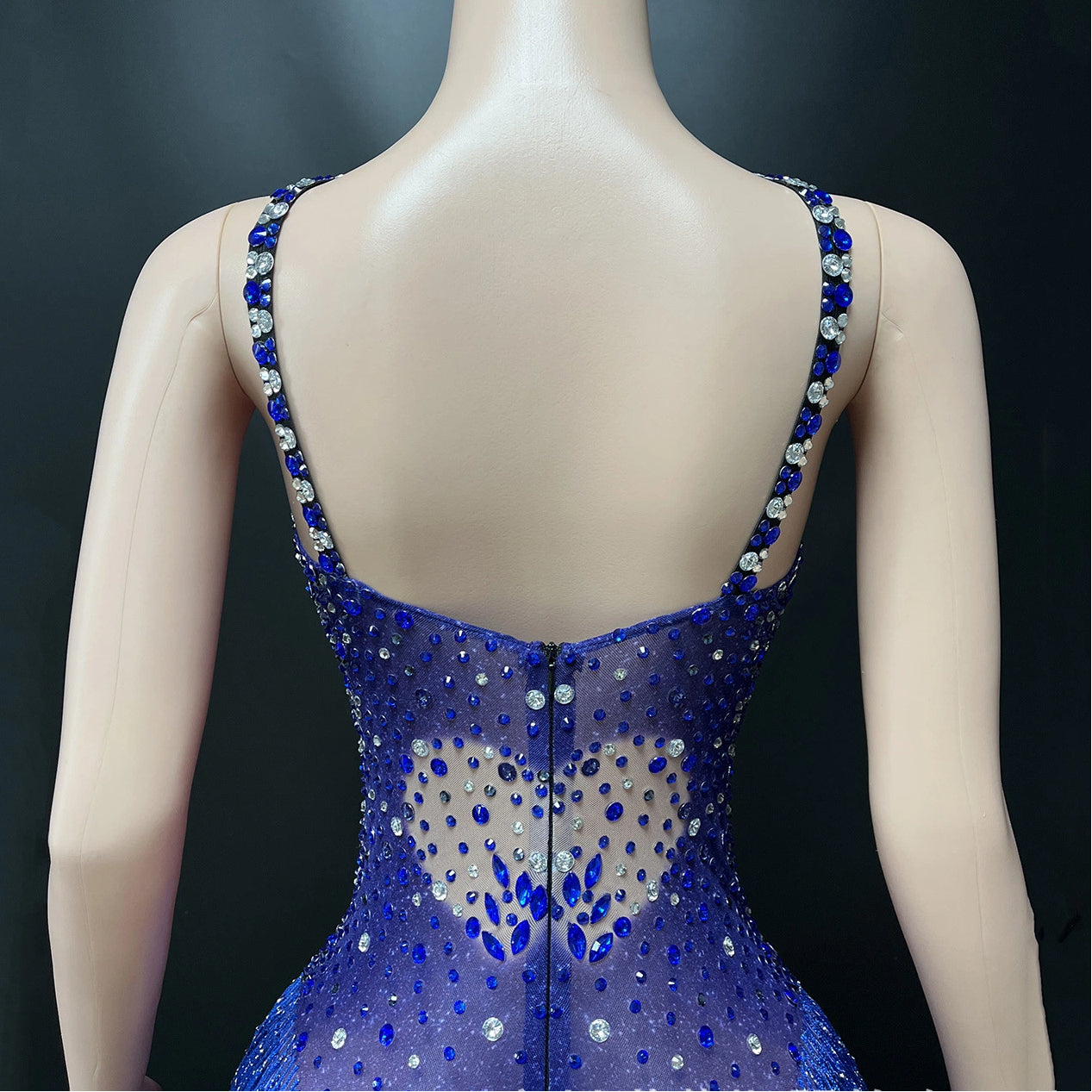Sexy Blue Rhinestone Tassel Dance Wear