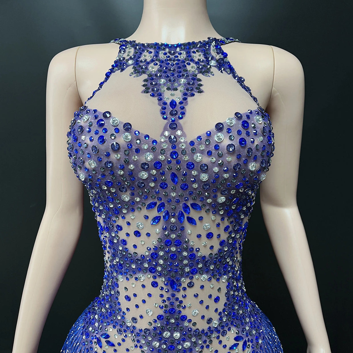 Sexy Blue Rhinestone Tassel Dance Wear
