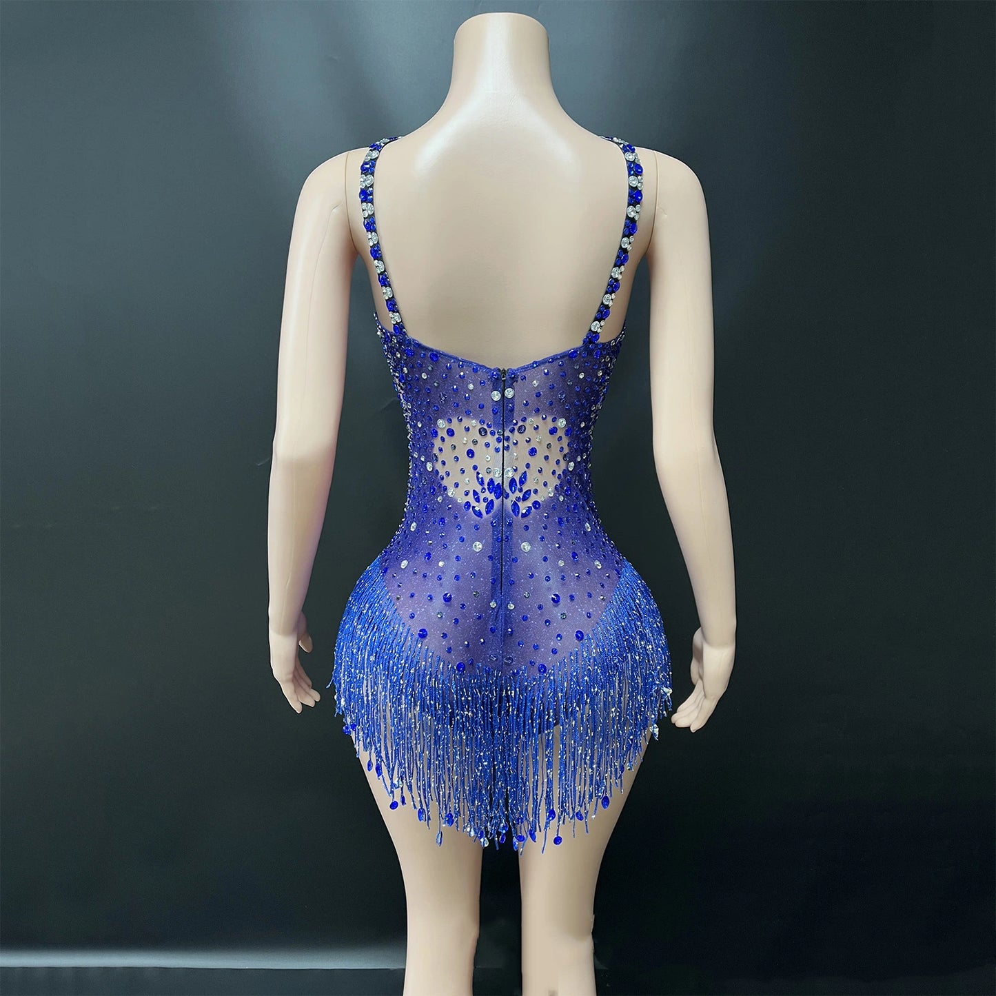 Sexy Blue Rhinestone Tassel Dance Wear