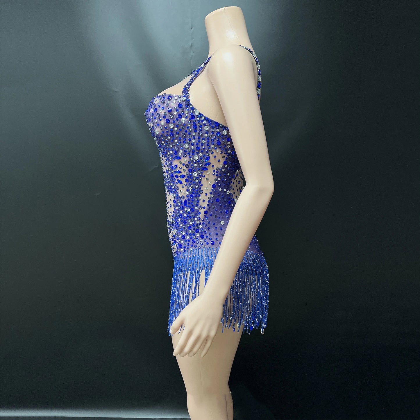 Sexy Blue Rhinestone Tassel Dance Wear