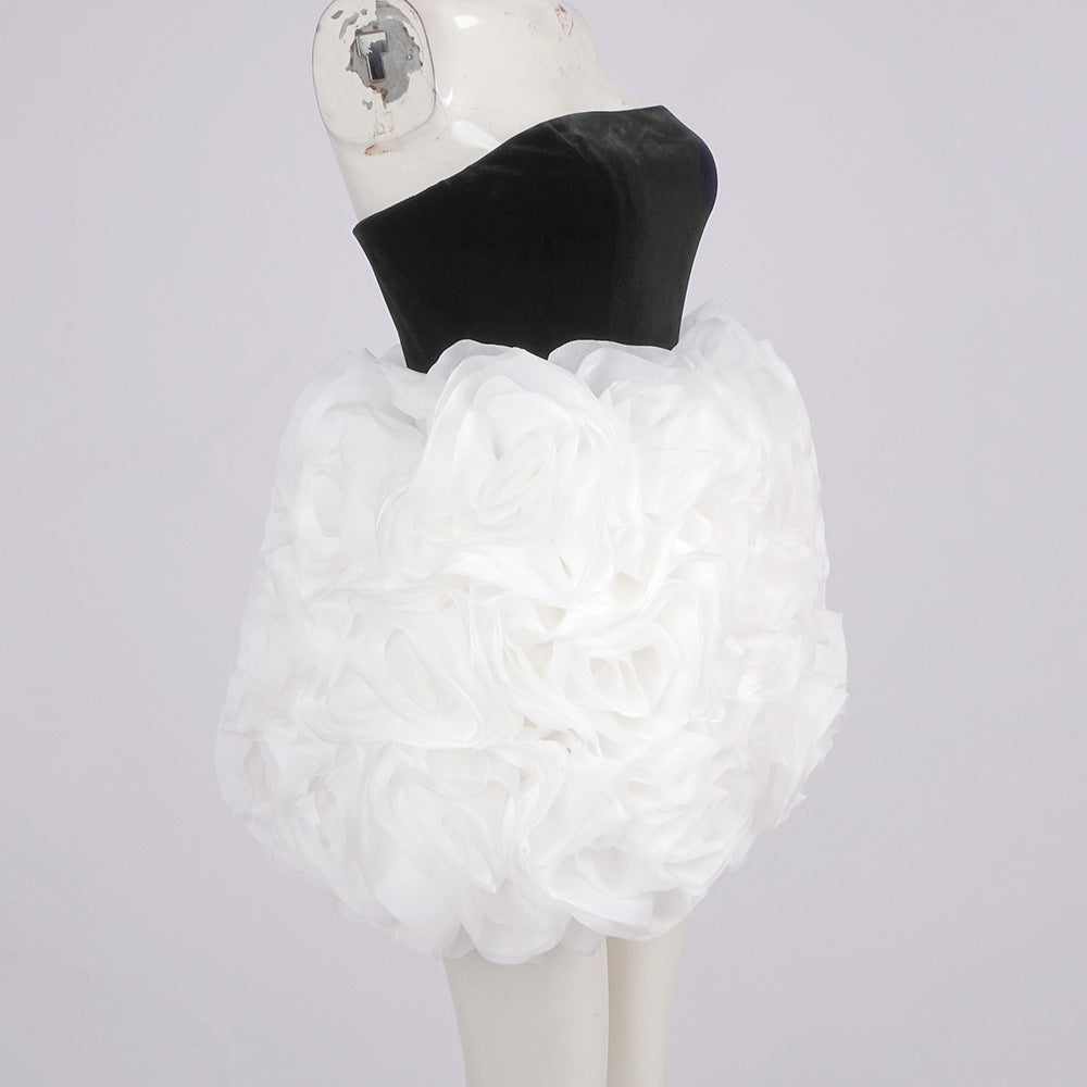 Womens Elegant Black Strapless White Floral Ruffle Mini Prom Dress Elegant Club Evening Party Dresses Cocktail Gown