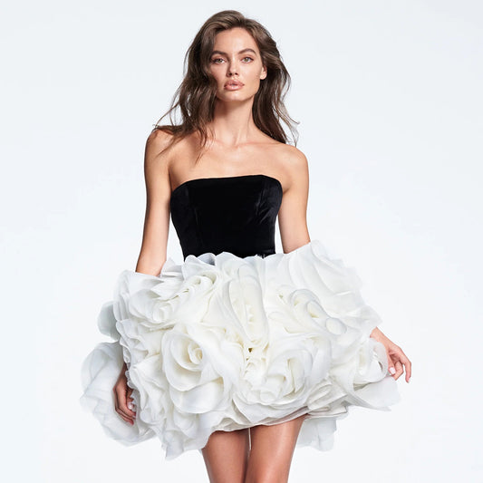 Womens Elegant Black Strapless White Floral Ruffle Mini Prom Dress Elegant Club Evening Party Dresses Cocktail Gown
