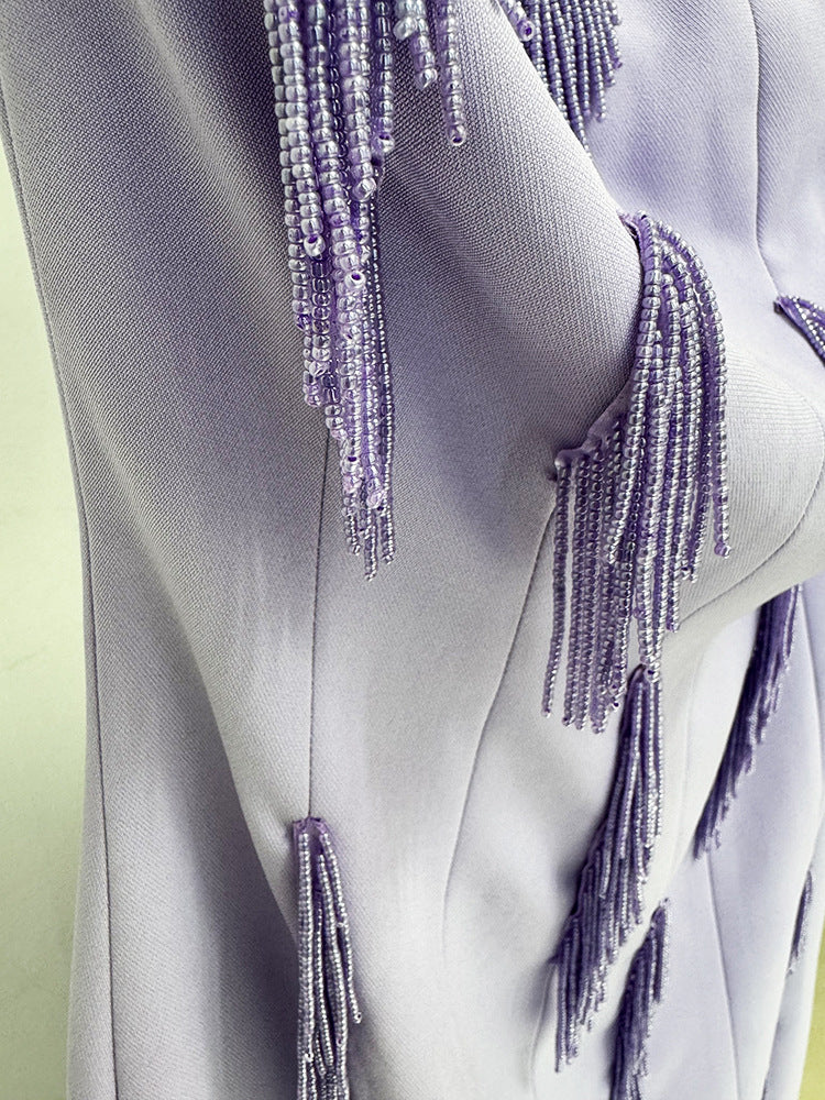 Lavender Strapless Purple Evening Gown With Beaded Fringe