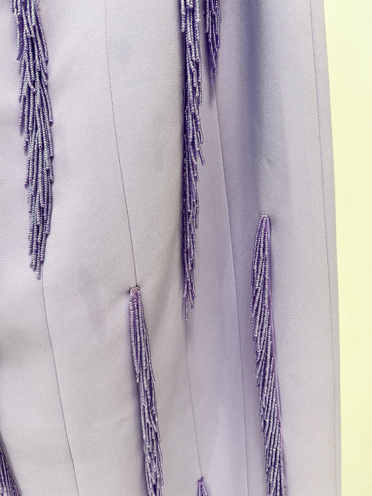 Lavender Strapless Purple Evening Gown With Beaded Fringe