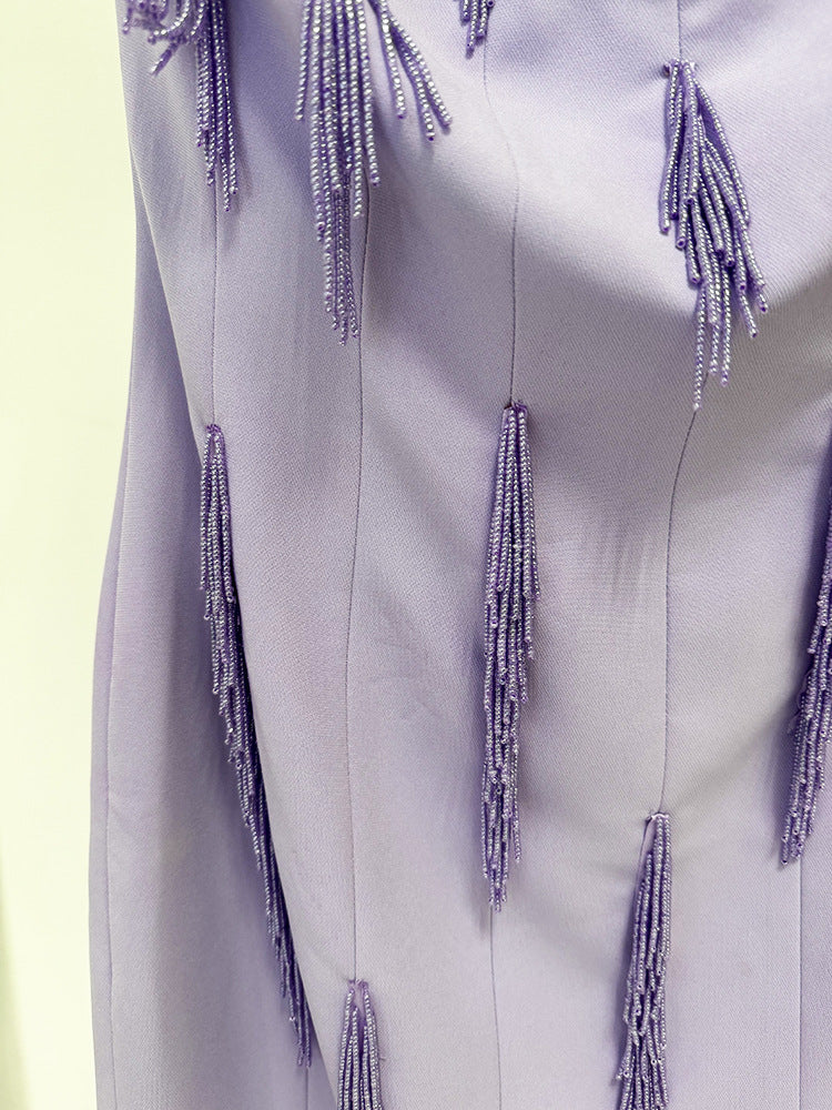 Lavender Strapless Purple Evening Gown With Beaded Fringe