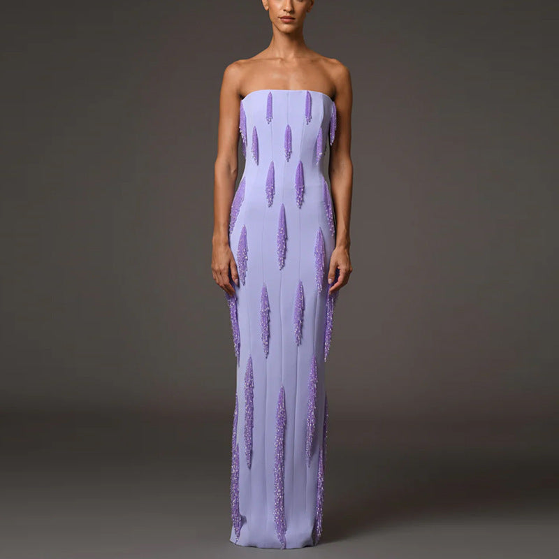 Lavender Strapless Purple Evening Gown With Beaded Fringe