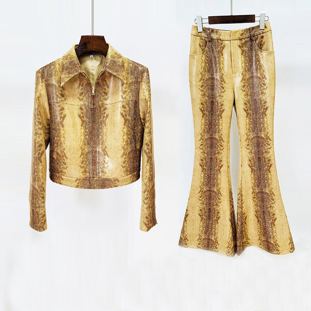 Gold Snake Print Long Sleeve Jacket Flared Pants Two Piece Set
