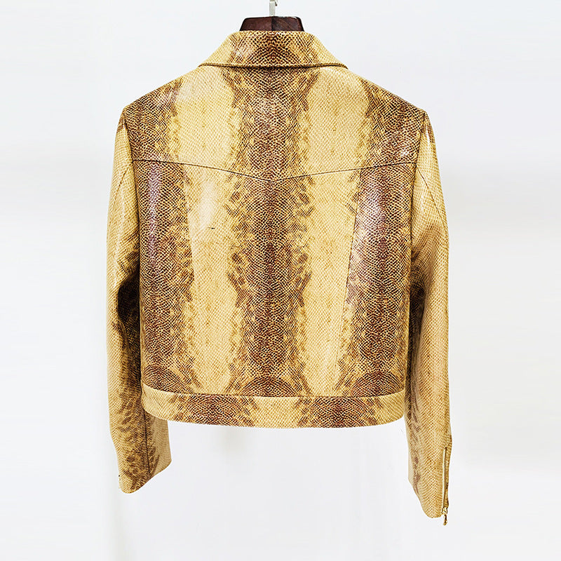 Gold Snake Print Long Sleeve Jacket Flared Pants Two Piece Set