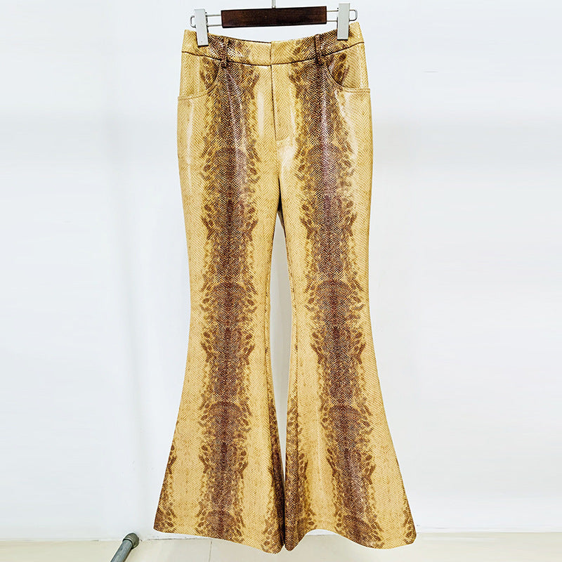 Gold Snake Print Long Sleeve Jacket Flared Pants Two Piece Set