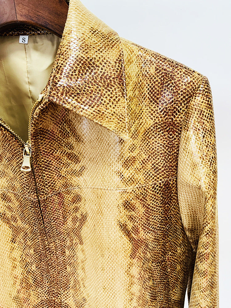 Gold Snake Print Long Sleeve Jacket Flared Pants Two Piece Set