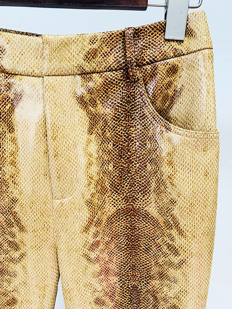 Gold Snake Print Long Sleeve Jacket Flared Pants Two Piece Set