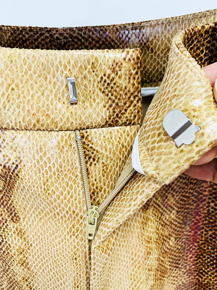 Gold Snake Print Long Sleeve Jacket Flared Pants Two Piece Set