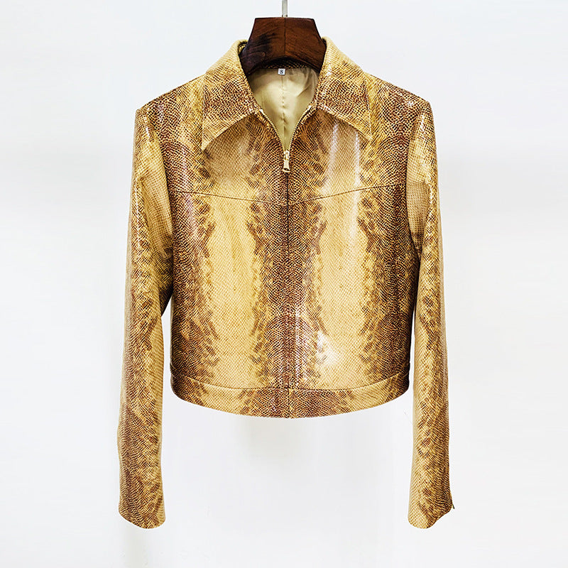 Gold Snake Print Long Sleeve Jacket Flared Pants Two Piece Set