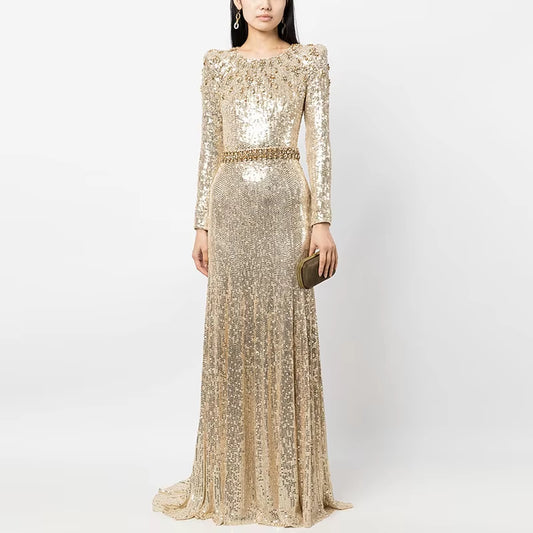 Luxury Sequin Beaded Dress Golden Evening Dresses Women Gold Long Gown for Party