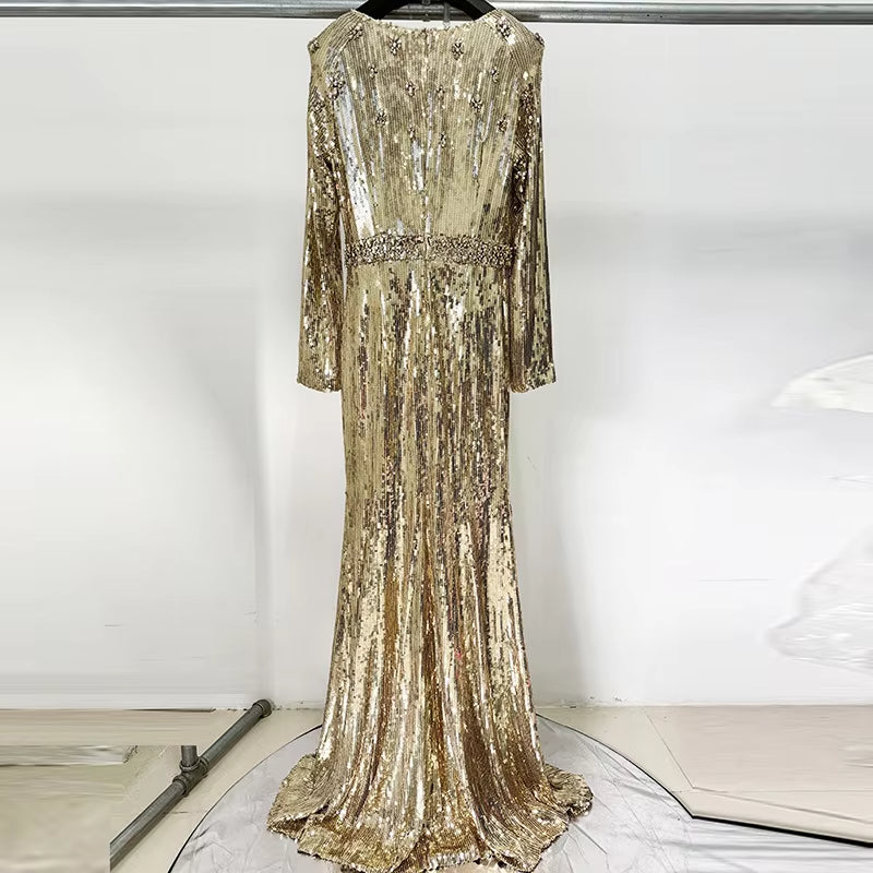 Luxury Sequin Beaded Dress Golden Evening Dresses Women Gold Long Gown for Party