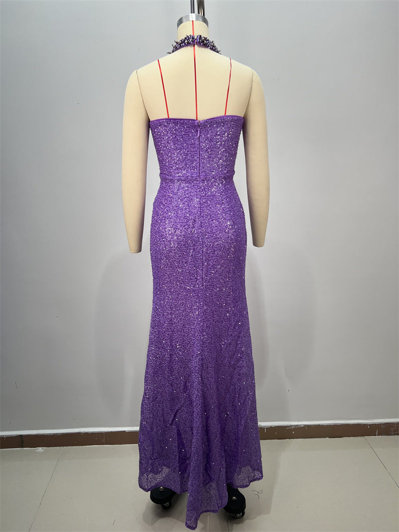 Purple Sequin Halter Evening Gown