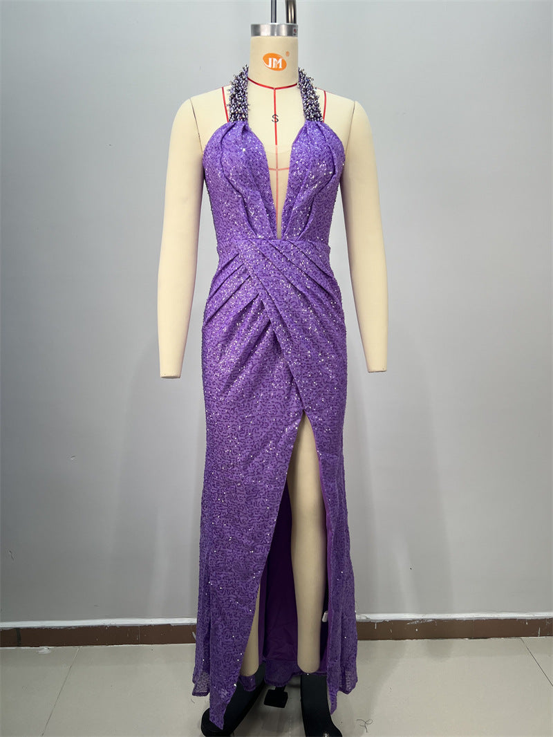 Purple Sequin Halter Evening Gown