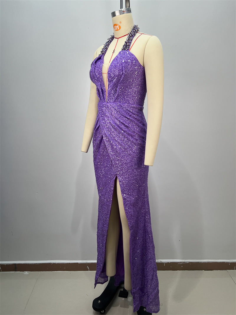 Purple Sequin Halter Evening Gown