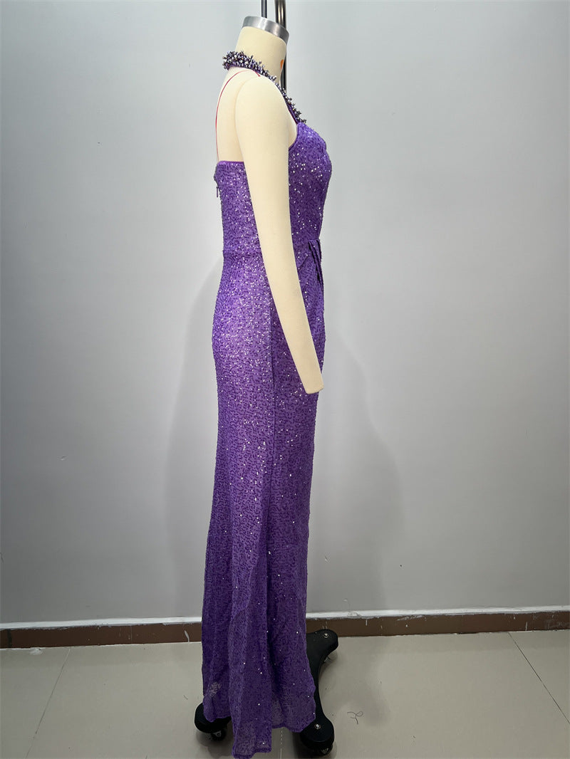 Purple Sequin Halter Evening Gown