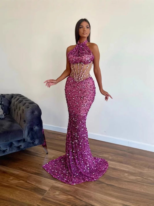 Pink Sequined Halter Mermaid Maxi Dress