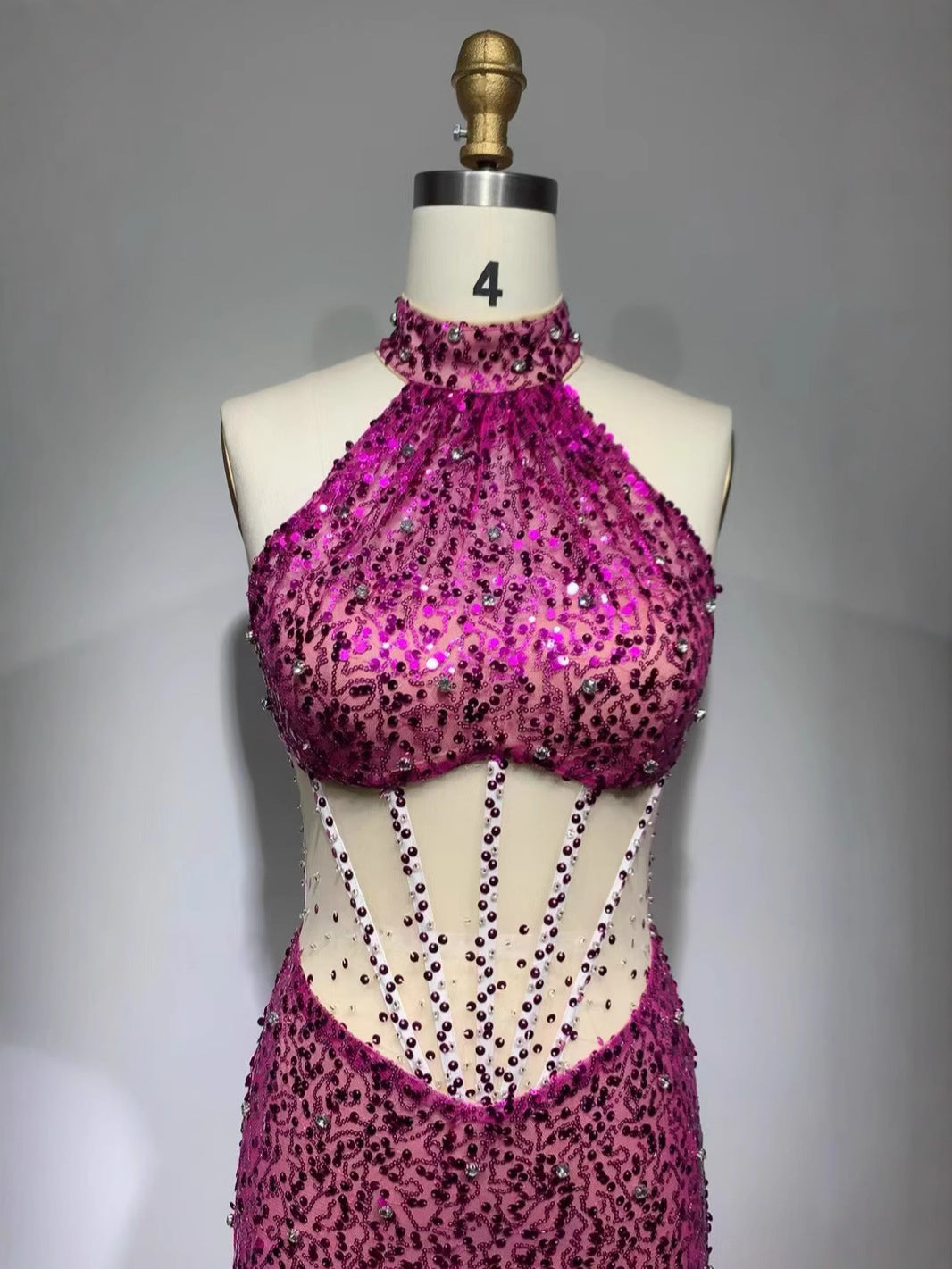 Pink Sequined Halter Mermaid Maxi Dress