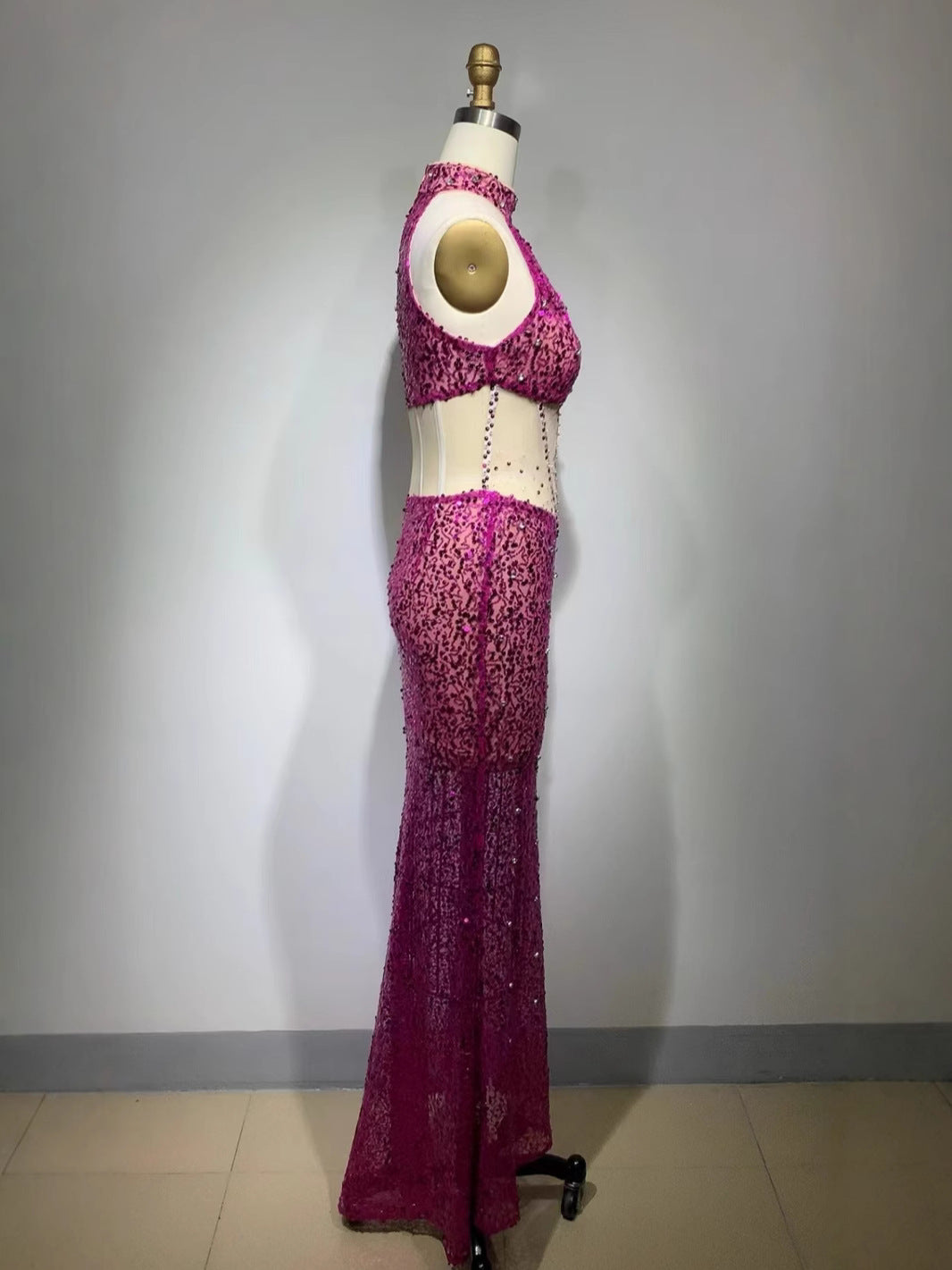 Pink Sequined Halter Mermaid Maxi Dress