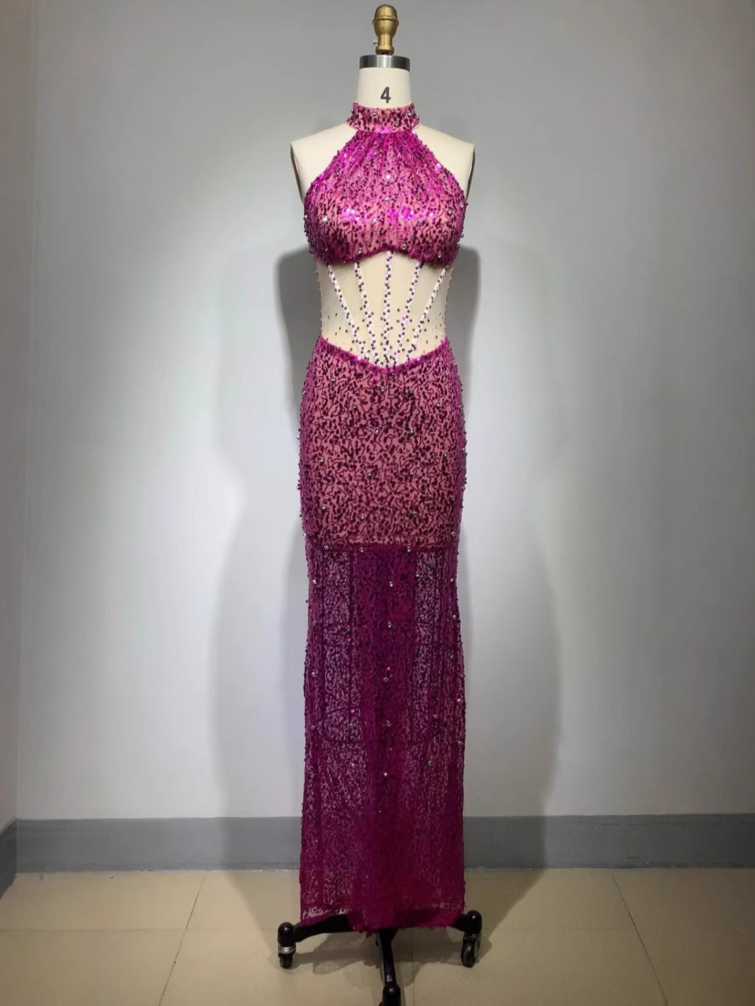 Pink Sequined Halter Mermaid Maxi Dress
