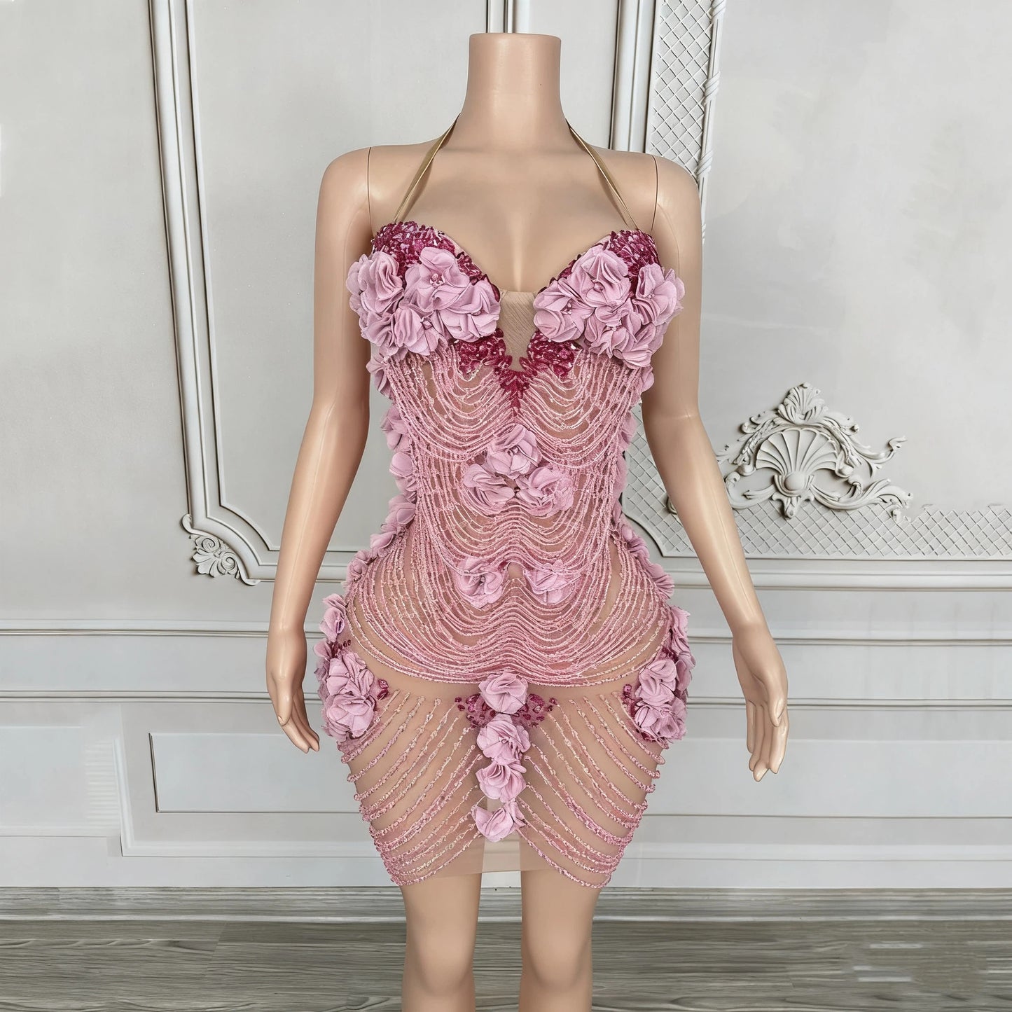3D Pink Floral Beaded Mini Dress
