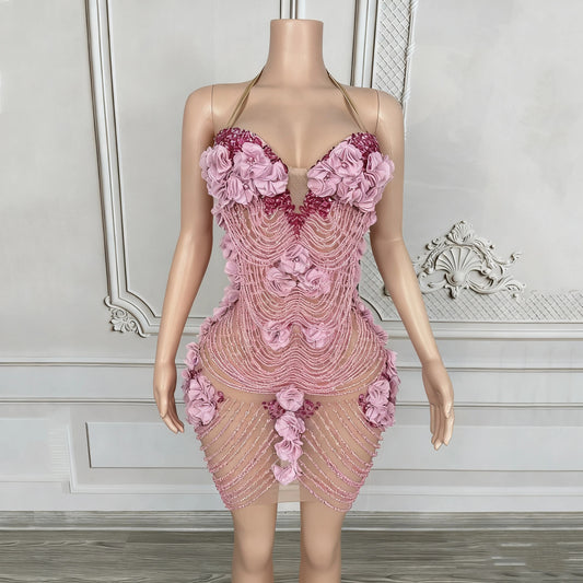 3D Pink Floral Beaded Mini Dress