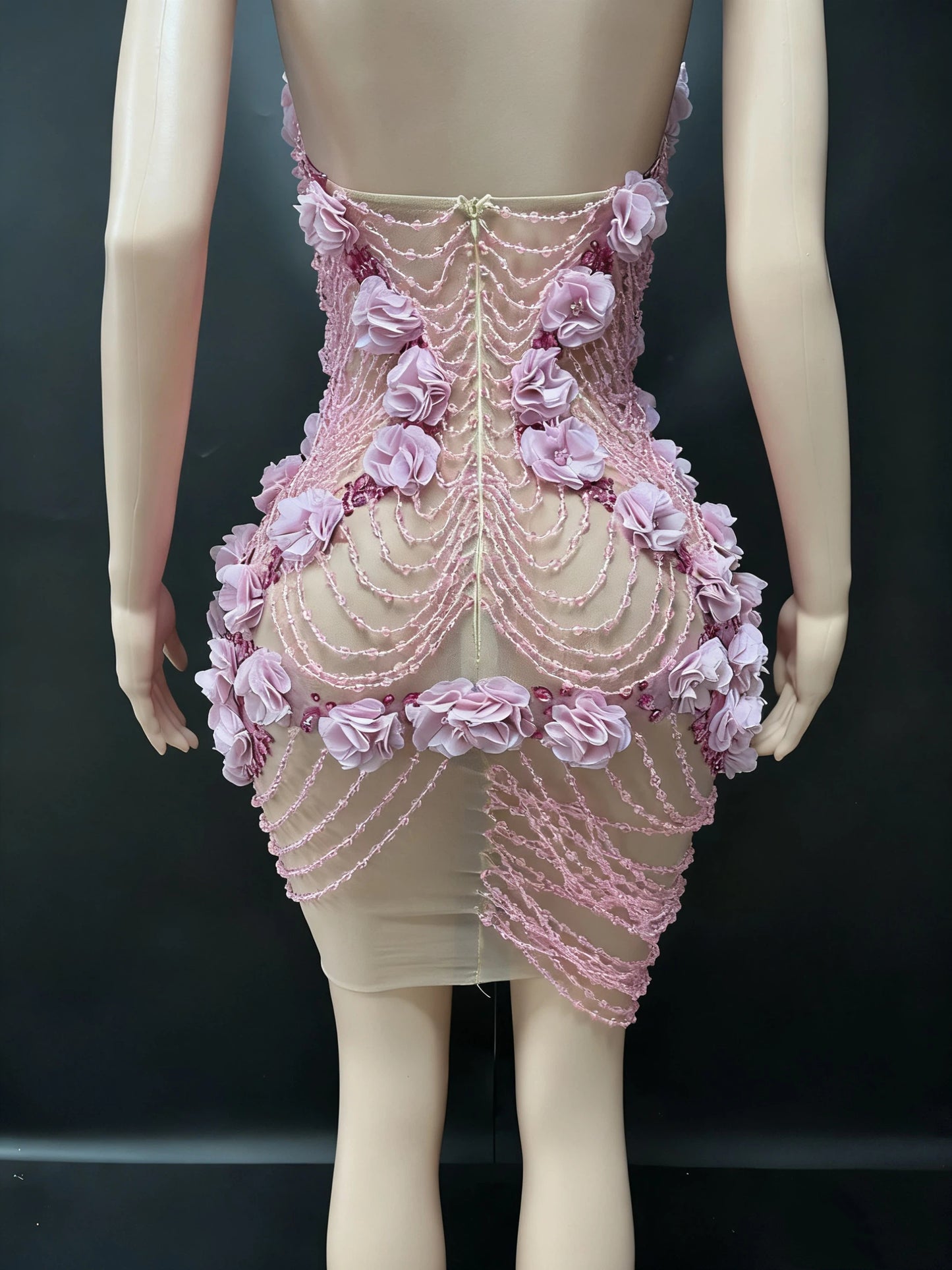 3D Pink Floral Beaded Mini Dress