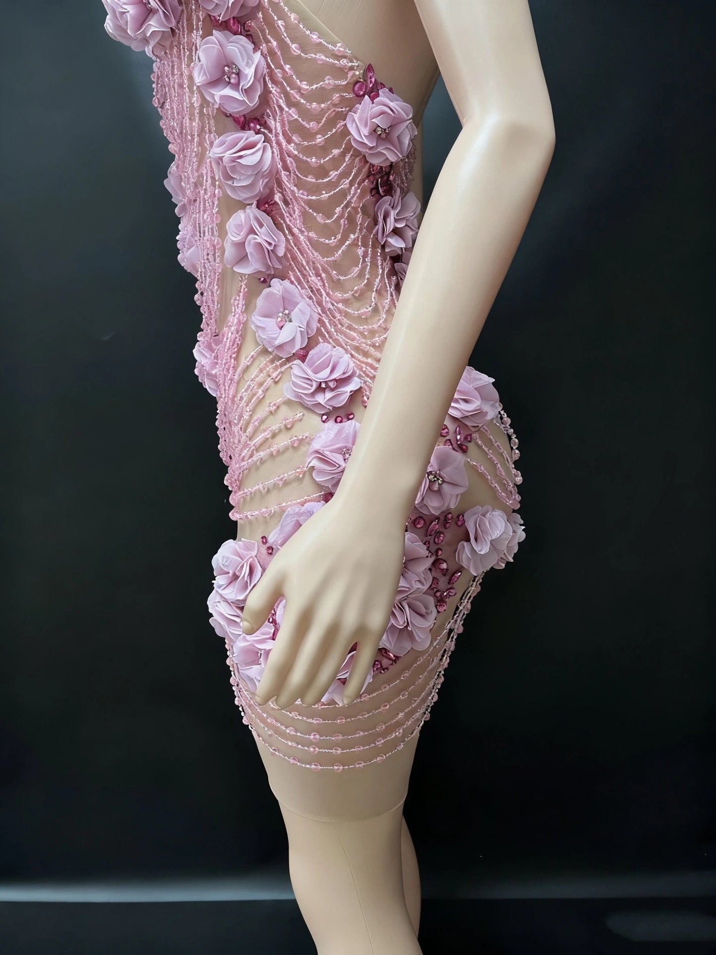 3D Pink Floral Beaded Mini Dress