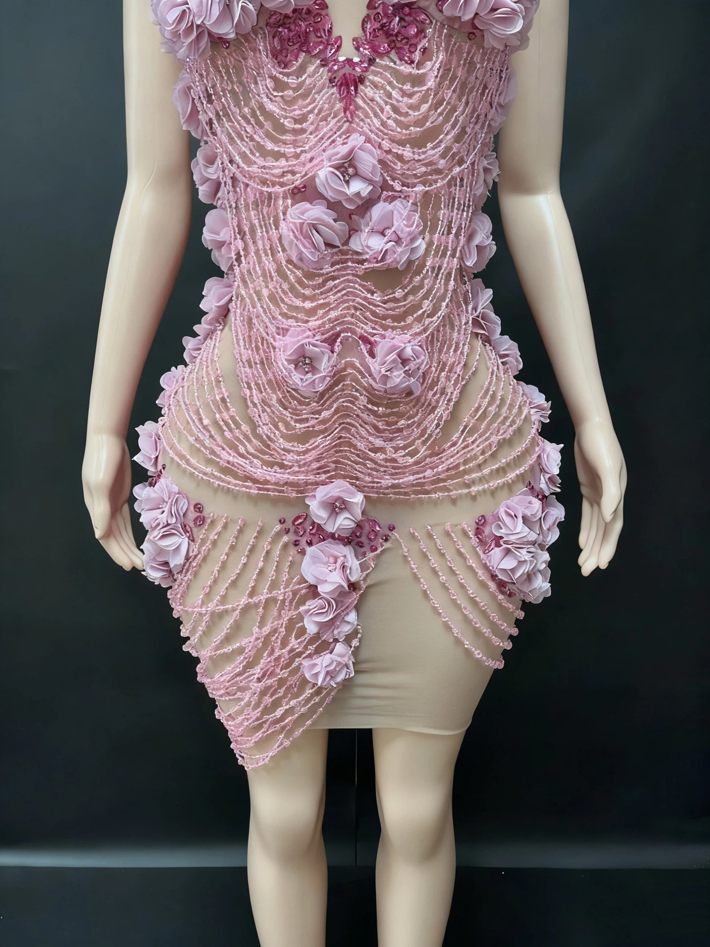 3D Pink Floral Beaded Mini Dress