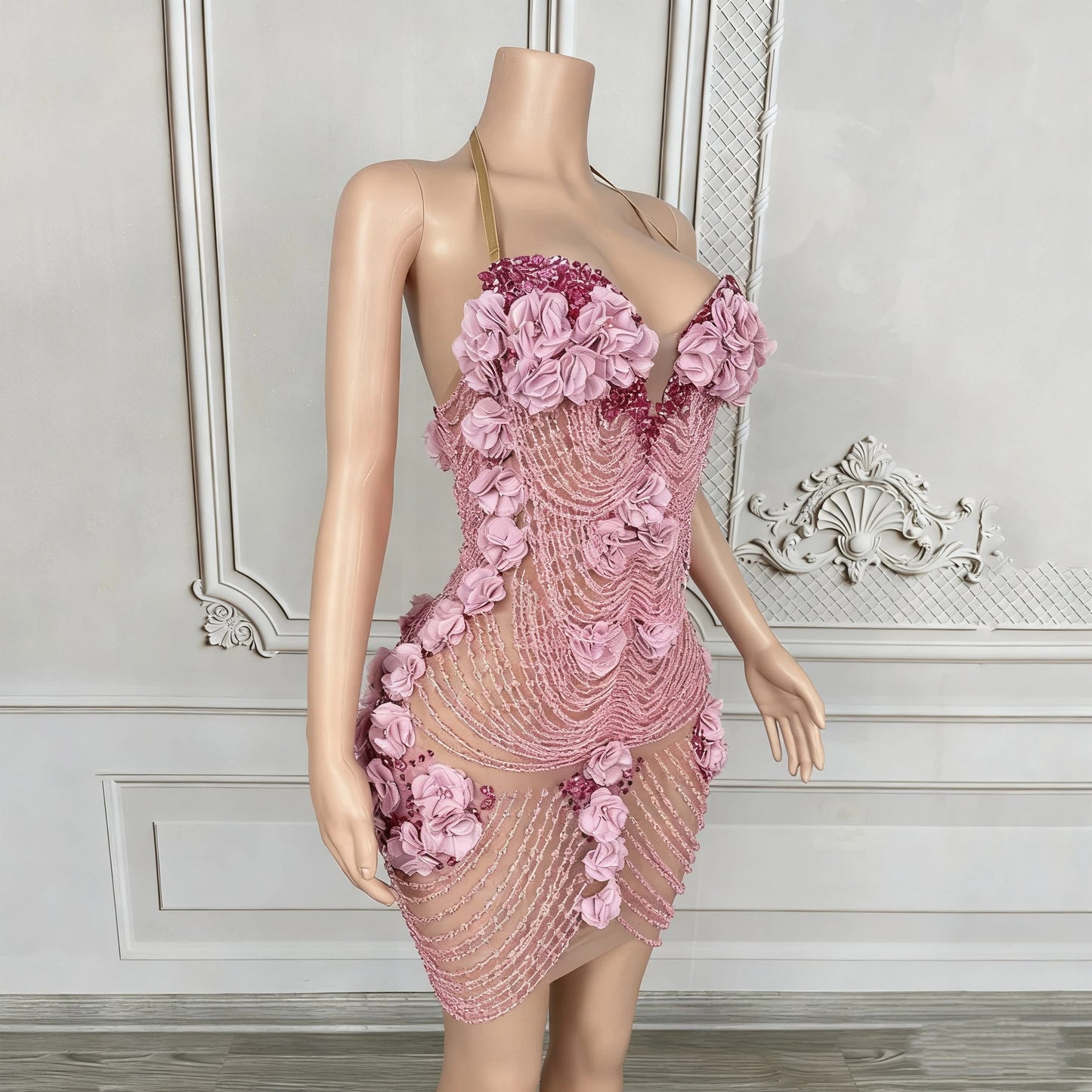 3D Pink Floral Beaded Mini Dress