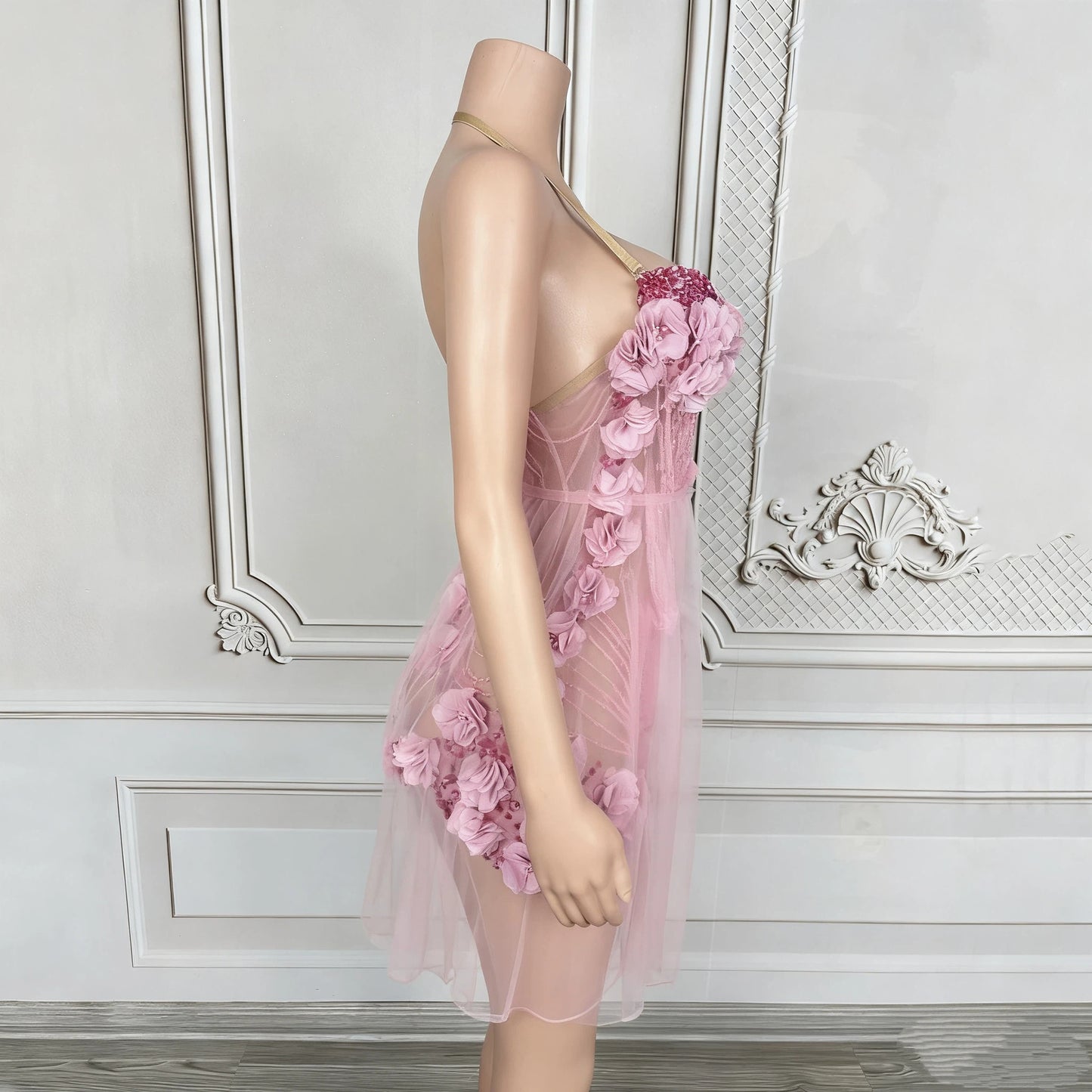 3D Pink Floral Beaded Mini Dress