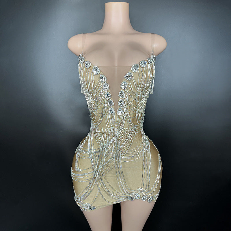 Sexy Red Crystal Rhinestone Fringe Mini Dress