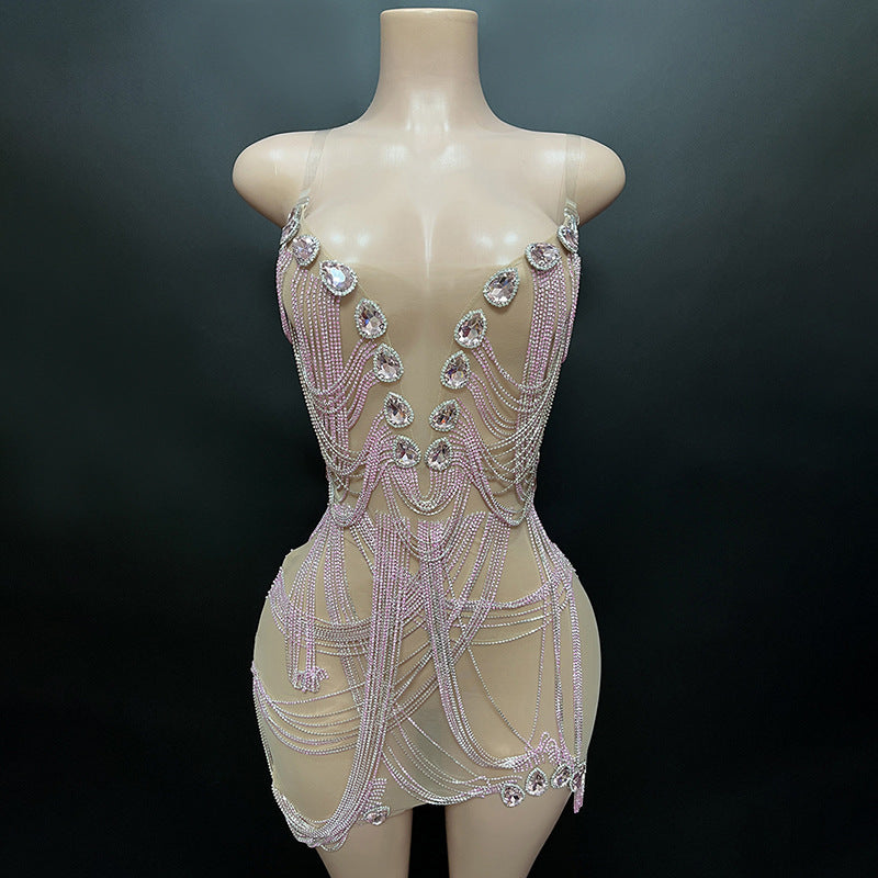 Sexy Red Crystal Rhinestone Fringe Mini Dress