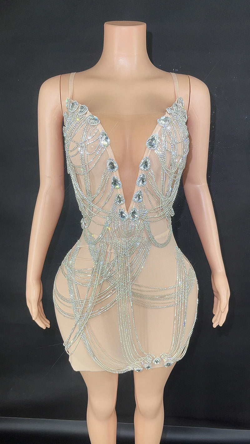 Sexy Red Crystal Rhinestone Fringe Mini Dress