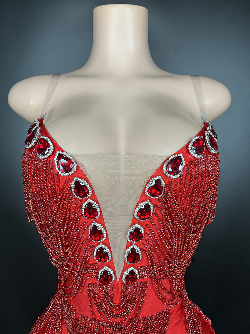 Sexy Red Crystal Rhinestone Fringe Mini Dress